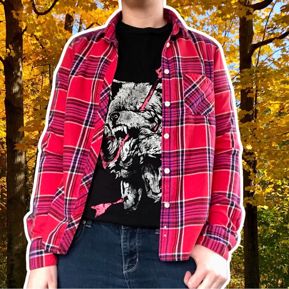 American Eagle Vintage y2k Bright Red and Pink Plaid Button Up Shirt, S